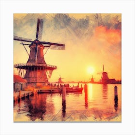 Sketching Amsterdam S Windmills At Sunset, Capturing The Essence Of Dutch Life Style Windmill Sunset Impressionism (3) Canvas Print