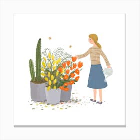 Watering Flowers Square Canvas Print