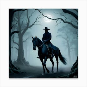 A Solitary Horseman Rides A Majestic Black Stallion Through A Misty, Moonlit Forrest Canvas Print