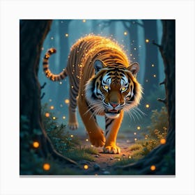 A Majestic Tiger With A Mane Of Sparkling Fireflies Prowling Through An Enchanted Forest 1 Canvas Print