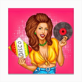 Pop Art Disco Girl with Vinyl Record Canvas Print