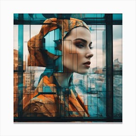 A Woman S Head Shows Through The Window Of A City, In The Style Of Multi Layered Geometry, Egyptian (1) Canvas Print