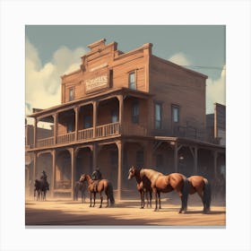 Horses In A Western Town Canvas Print