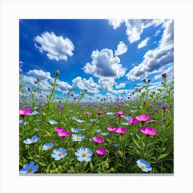 Flower Field With Blue Sky And Clouds Canvas Print