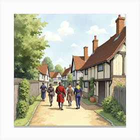 Watercolor Scene Of An English Historical Village With Reenactors In Traditional Dress 1 Canvas Print