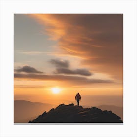 Man Standing On Top Of Mountain At Sunset Canvas Print