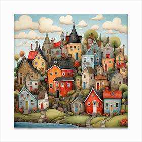 Folk Art Doodle Houses Village Art Print 2 Canvas Print