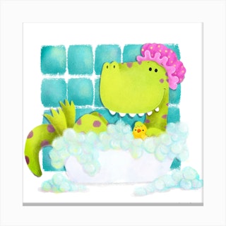 Dinosaur Bubble Bath Square Canvas Print
