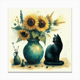 Sunflowers And Cat watercolor pestel painting Vase With Three Sunflowers With A Black Cat, Van Gogh Inspired Art Print Canvas Print
