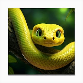 Yellow Baby Snake With Green Eyes Animated In 3d Exhibiting Surprise Looped Around A Tree Branch Canvas Print