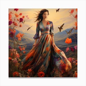 Woman In A Flower Field Canvas Print