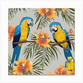 Seamless Pattern With Acacia Flowers And Parrots Vector 1 Canvas Print