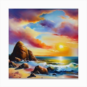 Artwork, oil colors, sea and sunset, seashore, beach rocks.San Francisco, USA.1 Canvas Print