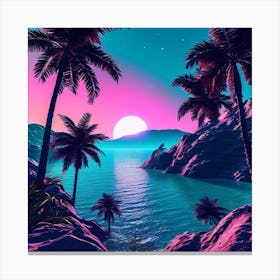 Psychedelic Sunset, Tropical Landscape With Palm Trees, blue sky, wall art, trees, flowers, and sun. good look, Canvas Print