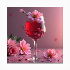 A cute 3d ultra realistic image, a pink floral glass of red wine Canvas Print