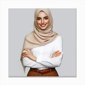 A photo of a young woman wearing a brown hijab with a white shirt and brown pants, with her arms crossed and a confident smile on her face Canvas Print