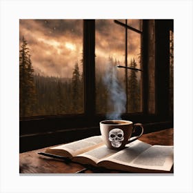 A Coffee Cup Is Placed On A Brown Table With A Window Behind It Overlooking A Dark Rainy And Eerie Canvas Print