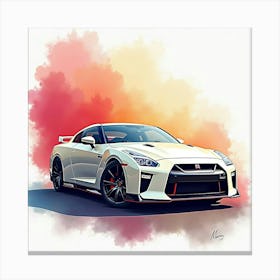 Nissan Gt R Nismo Amidst A Colorful Watercolor Setting, No Signature Or Logo 1 Canvas Print