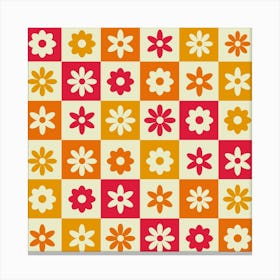 Checkered Retro Hippie Colorful Flowers Canvas Print