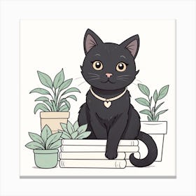 Black Cat Sitting On Books Canvas Print