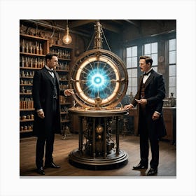 Two Men Standing In Front Of A Clock Canvas Print