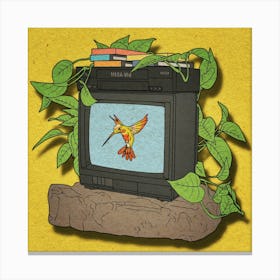 Bird on tv, rock, plant, video, wall art, illustration  Leinwandbild