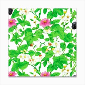 Botanical Illustration Of A Summer Garden With A Focus On Blooming Pink Flowers And Blackberry Bushe (1) Canvas Print