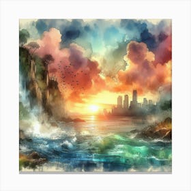 Watercolor Of Waterfall Canvas Print