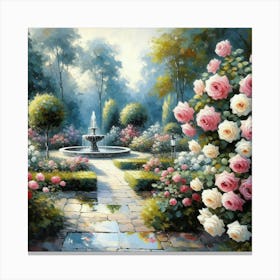 Rose Garden With The Fountain, Acrylic Style Painting 13 Canvas Print