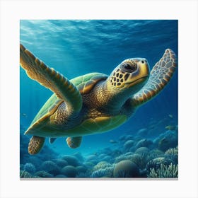 A photo of a sea turtle swimming gracefully through a coral reef. The turtle is surrounded by colorful fish and coral, and the sun is shining brightly overhead. The water is crystal clear, and you can see the turtle's reflection on the surface. The turtle is a beautiful creature, and it is clear that it is enjoying its swim. Canvas Print