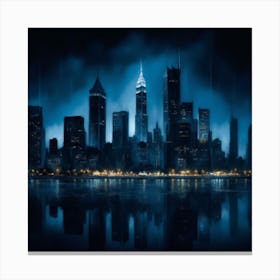 A Monochromatic Cityscape In Shades Of Blue Featuring Towering Skyscrapers Illuminated Against A Dark Inky Sky Canvas Print