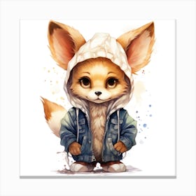 Watercolour Cartoon Fennec Fox In A Hoodie 2 Canvas Print