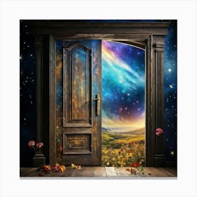 An Aged Wooden Door Rich With The Grooves Of Time Is Ajar In A Wall Adorned With Wallpaper Boastin Canvas Print