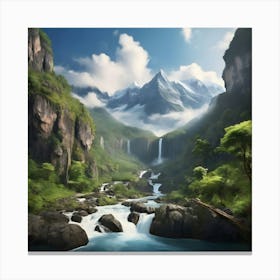 Waterfall In The Mountains Canvas Print