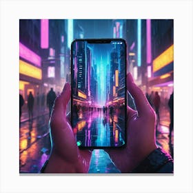 A hand holding a smartphone displaying a vibrant cityscape at night while illuminated streets and digital billboards create a neon atmosphere Canvas Print