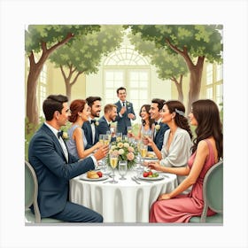 An English Wedding Reception With Guests Dining And Celebrating, Watercolor 1 Canvas Print