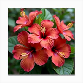 A Beautiful Arrangement Of Tropical Hibiscus Flowers With Lush Greenery 3 Canvas Print