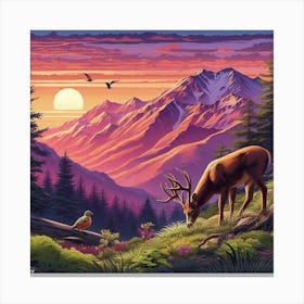 Deer and Bird At Sunset Canvas Print