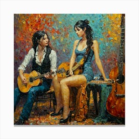Two Women Playing Guitars Van Gogh Style Canvas Print
