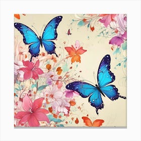 Blue Butterflies With Flowers Canvas Print