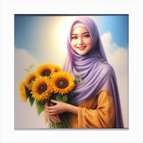 Purple Hijab and Yellow Dress: A Realistic Portrait of a Smiling Woman with Sunflowers Canvas Print