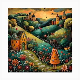 Little Girl In The Garden, Naive, Whimsical, Folk Canvas Print