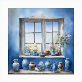 Blue wall. Open window. From inside an old-style room. Silver in the middle. There are several small pottery jars next to the window. There are flowers in the jars Spring oil colors. Wall painting.43 Canvas Print