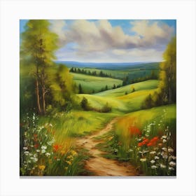 Painting.Canada's forests. Dirt path. Spring flowers. Forest trees. Artwork. Oil on canvas. Canvas Print