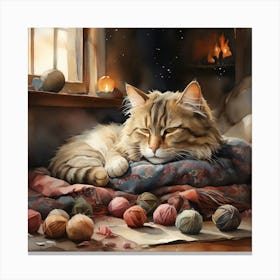 A cat taking a nap in the evening with wool balls scattered around and a warm winter atmosphere 1 Canvas Print