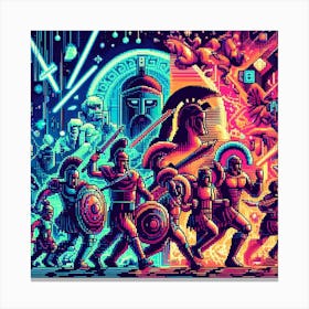 Neon Odyssey: A Digital Mosaic of the Epic Journey of Odysseus with Pixelated Characters and Objects Canvas Print