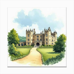 Watercolor View Of The Sudeley Castle In Gloucestershire, Showcasing Its Grand Architecture And Tranquil Setting Canvas Print