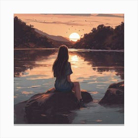 Girl Sitting On Rocks At Sunset Canvas Print