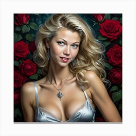 Beautiful Woman With Red Roses Canvas Print