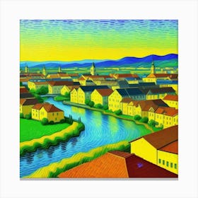 A Canvas of Tradition: The Rustic Village Scene City By The River Canvas Print